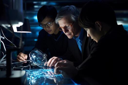 three scientists working on advanced computer program with photo