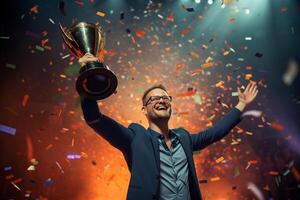 a happy winner on stage holding trophy in his hands with colorful light confetti with photo