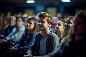 students listening to lecture at a lecture theatre with Generative AI photo