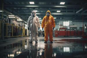 dos Ingenieria trabajadores en protector traje en pie en un fábrica con generativo ai foto