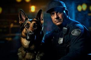 policeman with his german shepard with Generative AI photo