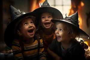 Tres pequeño niños en disfraz celebrando Víspera de Todos los Santos juntos con generativo ai foto