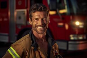 un sonriente masculino bombero en frente de el fuego camión con generativo ai foto