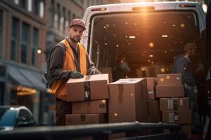 un hombre cargando un camioneta cargando cajas con un descarga camión con generativo ai foto