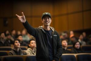 un masculino estudiante levantamiento manos a un conferencia teatro con generativo ai foto