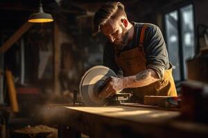 carpintero utilizando un Sierra en madera en el taller con generativo ai foto