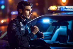 male police officer speaking on the radio with police car behind him with photo