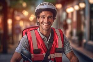smiling delivery man with backpack on his scooter with photo