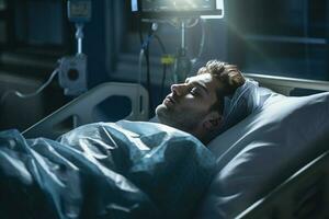 paciente acostado en el cama en hospital con generativo ai foto