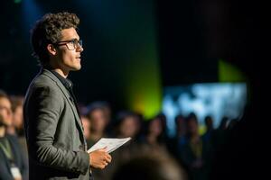 young man giving a talk at a conference in a bright stage with Generative AI photo