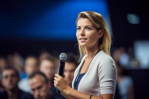 young woman giving a talk at a conference in a bright stage with photo