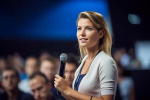 joven mujer dando un hablar a un conferencia en un brillante etapa con generativo ai foto