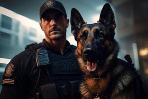 policía con su alemán Shepard con generativo ai foto