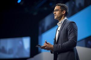 young man giving a talk at a conference in a bright stage with photo
