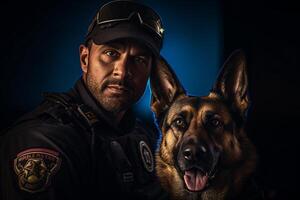 policeman with his german shepard with Generative AI photo