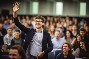 un masculino estudiante levantamiento manos a un conferencia teatro con generativo ai foto