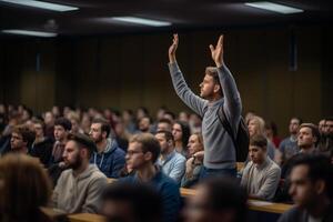 un masculino estudiante levantamiento manos a un conferencia teatro con generativo ai foto