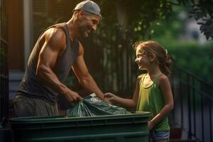 happy father and daughter collect garbage from a green recycling bin at the household with photo