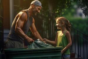 happy father and daughter collect garbage from a green recycling bin at the household with Generative AI photo