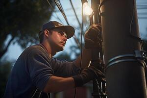 a electrician fixing power pole with photo