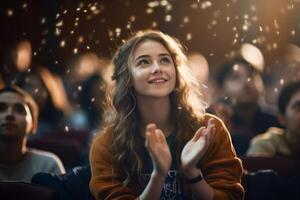 a female student raising hands at a lecture theatre with photo