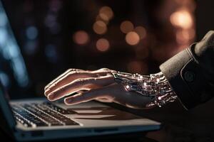 a person is using an artificial hand on their computer with photo