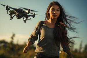 young woman with a flying drone with photo