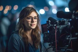 female director speaks on the set of a movie production with photo