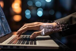 a person is using an artificial hand on their computer with photo
