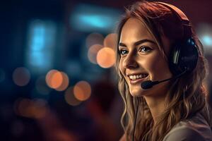 smiling female call center operator working in an office with photo