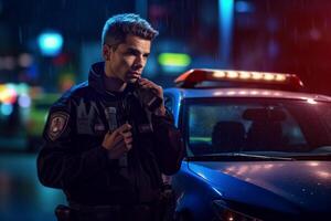 male police officer speaking on the radio with police car behind him with photo