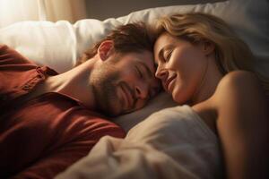happy couple sleeping on a bed in romantic mood with photo