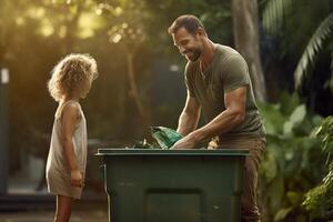 contento padre y hija recoger basura desde un verde reciclaje compartimiento a el casa con generativo ai foto