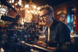 director speaks on the set of a movie production with photo
