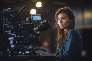 female director speaks on the set of a movie production with photo