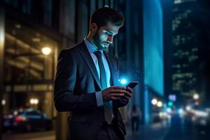 un negocio hombre a noche utilizando teléfono a noche ciudad con generativo ai foto