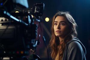 female director speaks on the set of a movie production with photo