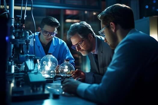 three scientists working on advanced computer program with photo