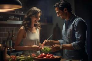 contento mujer y hombre Cocinando y preparando comida en el cocina con generativo ai foto