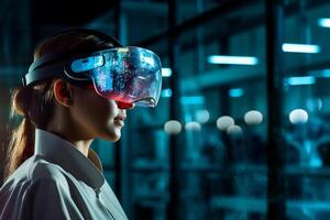 a female scientist in a room in a laboratory with virtual reality glasses with photo