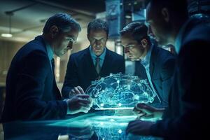 three scientists working on advanced computer program with photo