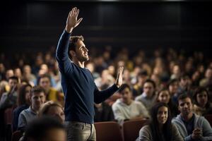 un masculino estudiante levantamiento manos a un conferencia teatro con generativo ai foto