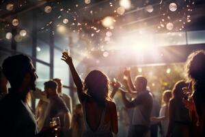 people in a party outside on the balcony with lights and dancing with photo