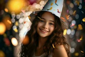 young beautiful girl smiling in party hat and holding a confetti with Generative AI photo
