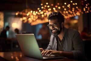 smiling man working on laptop working with laptop with Generative AI photo