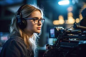 female director speaks on the set of a movie production with photo