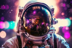 a happy astronaut man in space helmet and space theme with photo