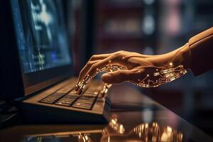 a person is using an artificial hand on their computer with photo