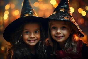 three little kids in costume celebrating halloween together with photo