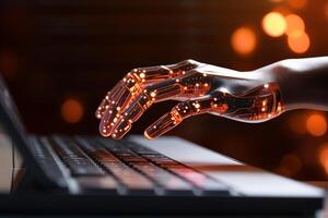 a person is using an artificial hand on their computer with photo